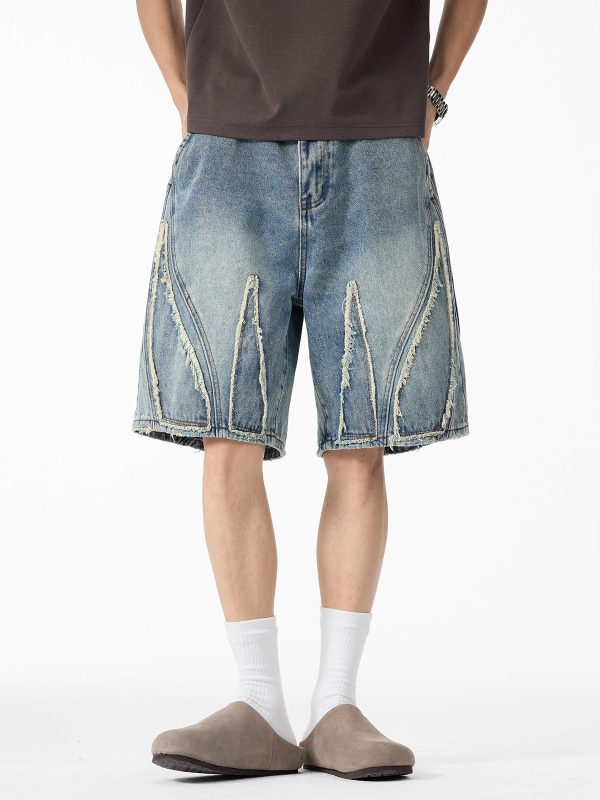 DK13 Men's Raw Edge Fringe Patchwork Distressed Denim Shorts