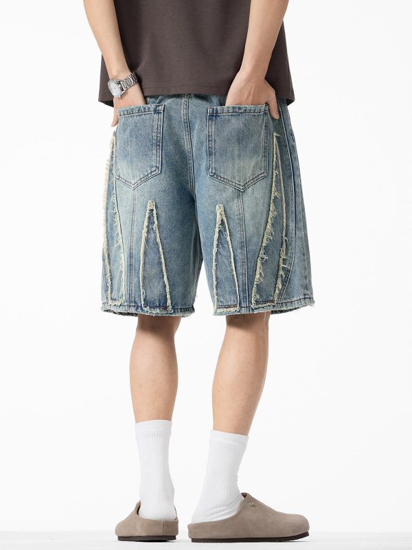 DK13 Men's Raw Edge Fringe Patchwork Distressed Denim Shorts