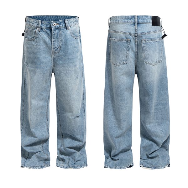 TJ160 Men's 14.5 OZ Rigid Baggy Straight Ripped Denim Jeans