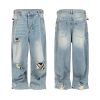 TJ175  Men's Ripped Webbing Metal Adjuster Buckle Wide Leg Jeans
