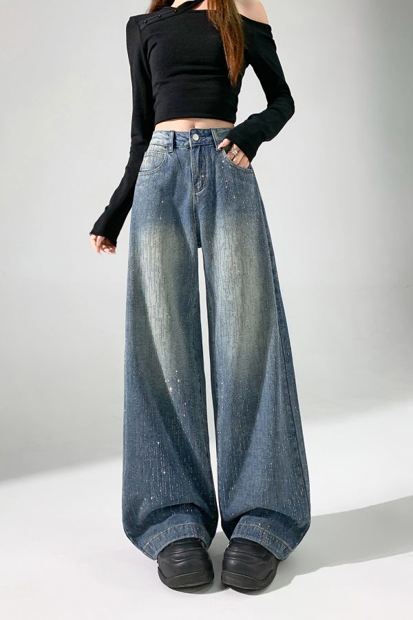 Women's 11 OZ Rhinestone Classic Five Pockets Wide Leg Jeans