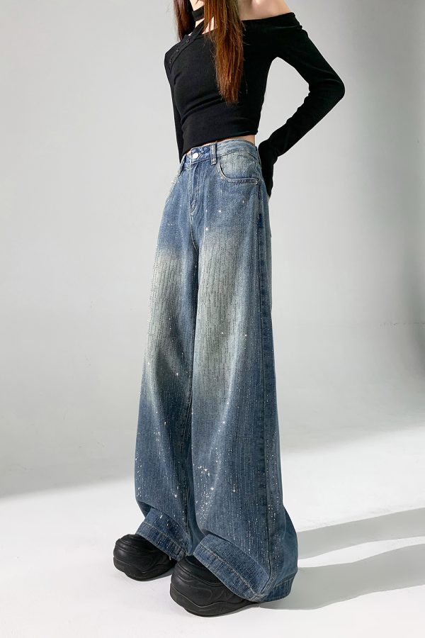 Women's 11 OZ Rhinestone Classic Five Pockets Wide Leg Jeans