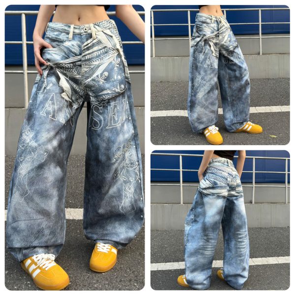 14032 Men's 14.2 OZ 3D Digital Printing Barrel Cut Curve-leg Jeans