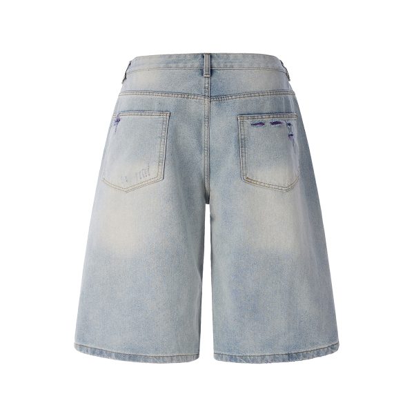 1519 Men's 13 OZ Grunge Blue‑purple Two‑tone Denim Cropped Capri Ripped Jeans