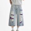 1519 Men's 13 OZ Grunge Blue‑purple Two‑tone Denim Cropped Capri Ripped Jeans