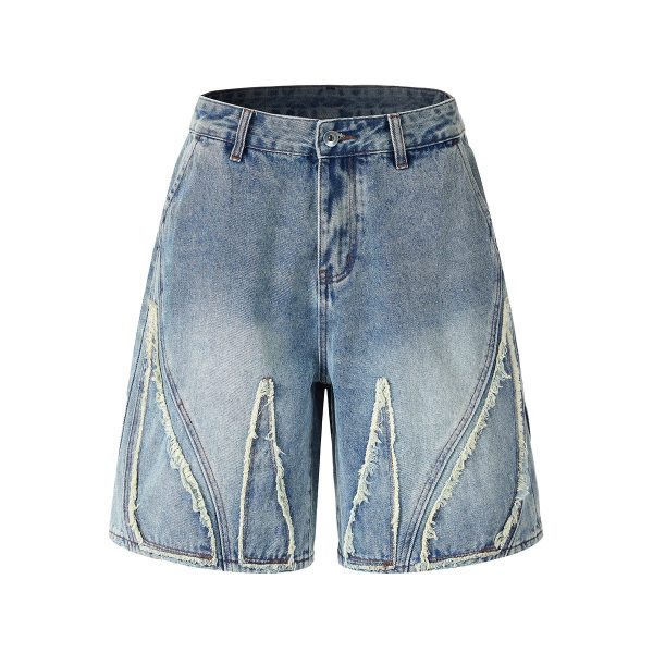 DK13 Men's Raw Edge Fringe Patchwork Distressed Denim Shorts