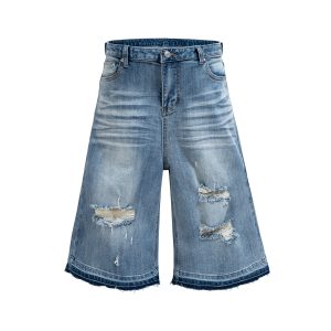 TJ177 Men's 12.5 OZ Baggy Loose Destroyed Ripped Raw Hem Capri Cropped Jeans