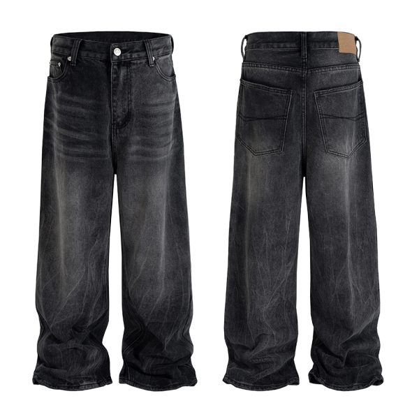 FJ067 Men's Enzyme Stone Wash Charcoal Black Baggy Jeans