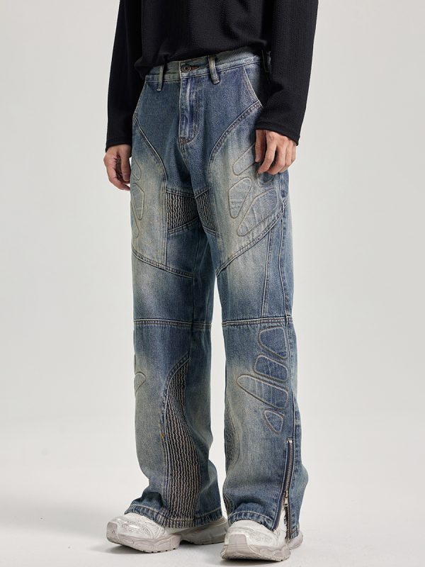 JK9661 Men's Moto Biker Laser Etching Stitched Embossed Jeans