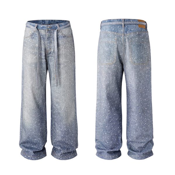 Q166 Men's 14.5 OZ 3D Digital Printing Rhinestone Loose Straight Jeans