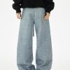 Q166 Men's 14.5 OZ 3D Digital Printing Rhinestone Loose Straight Jeans