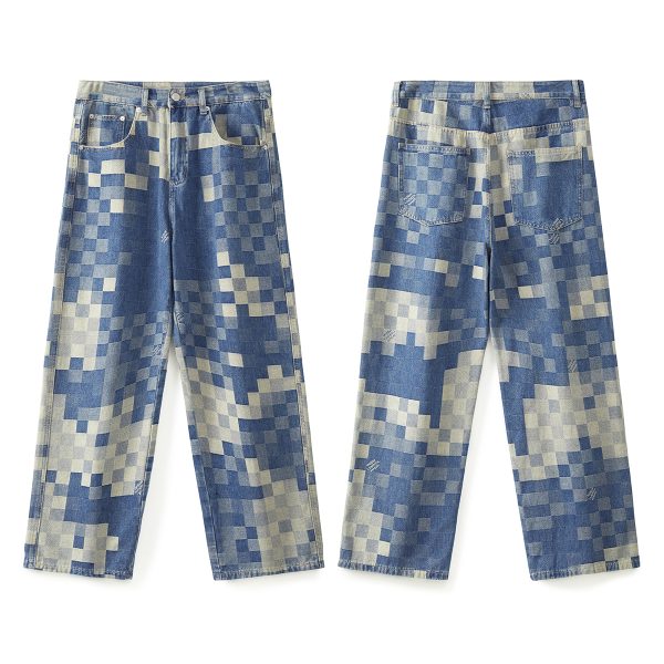 3752 Men's 10.4 OZ 100% Cotton Baggy Checkered Jacquard Denim Jeans
