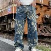 3752 Men's 10.4 OZ 100% Cotton Baggy Checkered Jacquard Denim Jeans