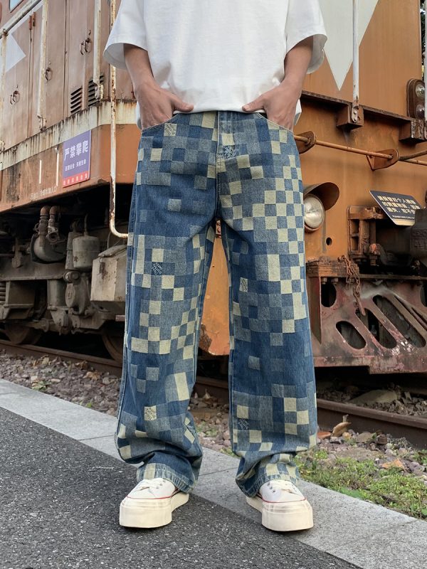 3752 Men's 10.4 OZ 100% Cotton Baggy Checkered Jacquard Denim Jeans