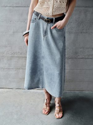 Women's 12.8 OZ High Rise Minimalist A‑line Midi Denim Skirts