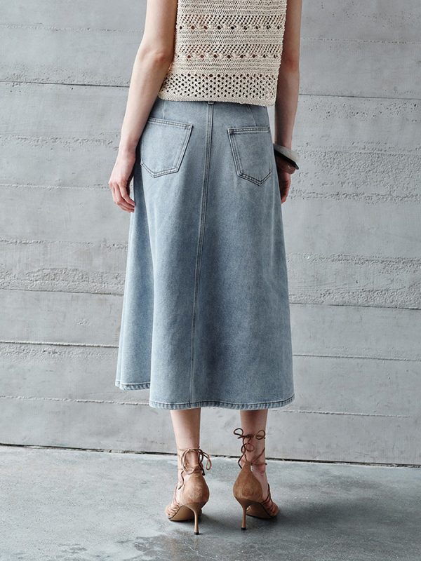 1788126654409781.jpg Women's 12.8 OZ High Rise Minimalist A‑line Midi Denim Skirts