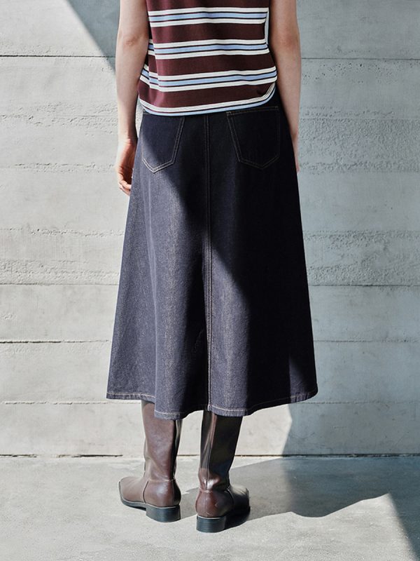 1788126735955638.jpg Women's 12.8 OZ High Rise Minimalist A‑line Midi Denim Skirts