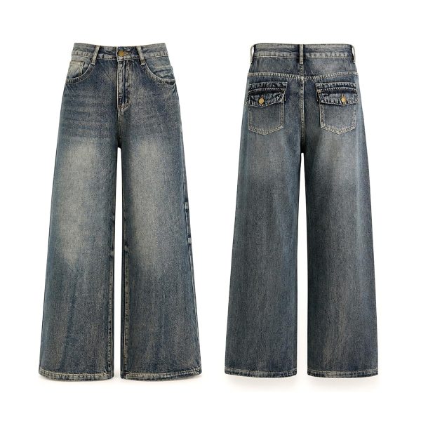1788142804977350.jpg Women's 12.8 OZ Stretch High Rise Faded Wash Wide Leg Flap Back Pockets Jeans