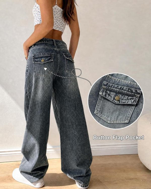 1788142861502999.jpg Women's 12.8 OZ Stretch High Rise Faded Wash Wide Leg Flap Back Pockets Jeans