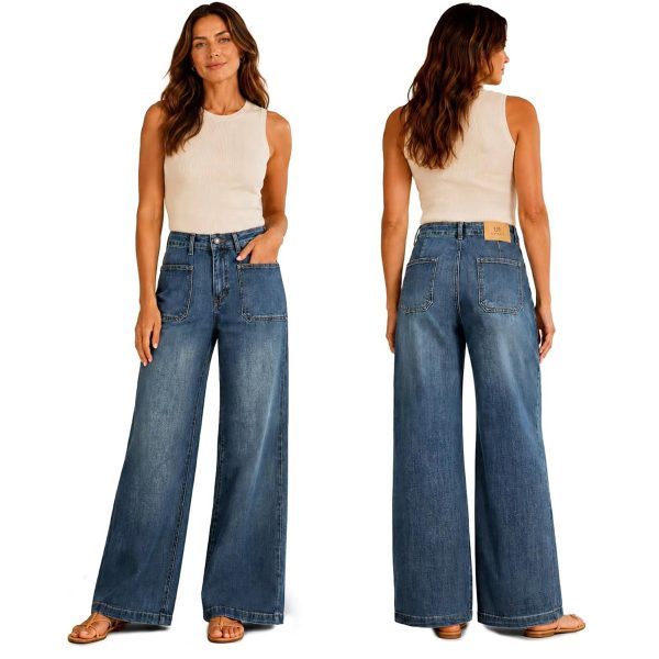 Women's 11.8 OZ Retro Cargo Square Front Patch Pockets Wide Leg Jeans