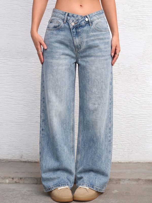 1097 Women's 12 oz Y2K Criss‑cross Crossover Waistband Acid Snow Wash Wide Leg Jeans