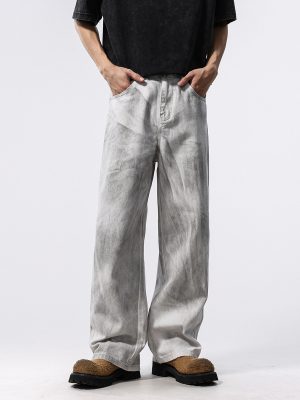 BY490 Men's 12.8 OZ Grunge Marble Tie Dye Wash Wide Leg Jeans