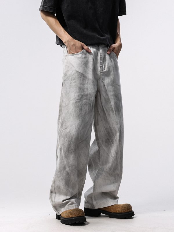 BY490 Men's 12.8 OZ Grunge Marble Tie Dye Wash Wide Leg Jeans