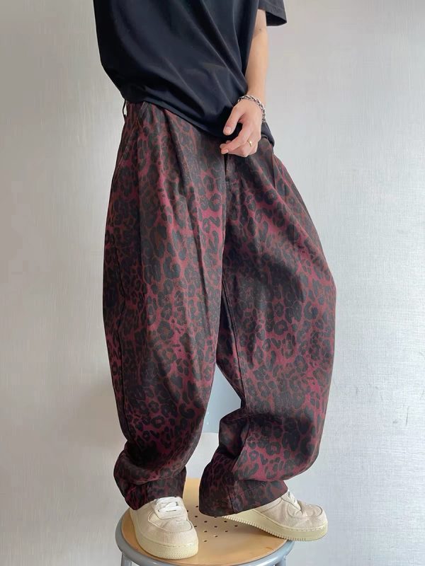 LBC001 Men's 3D Digital Burgundy Leopard All Over Printing Canvas Pants
