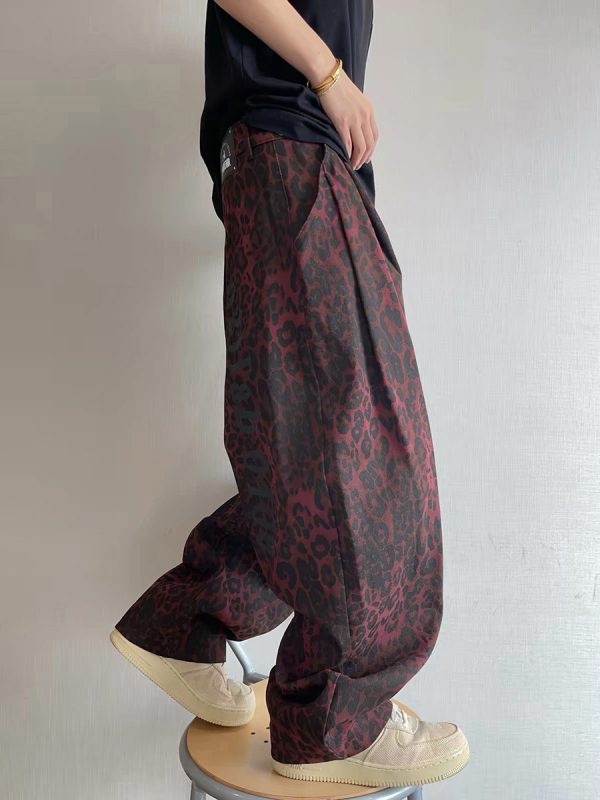 LBC001 Men's 3D Digital Burgundy Leopard All Over Printing Canvas Pants