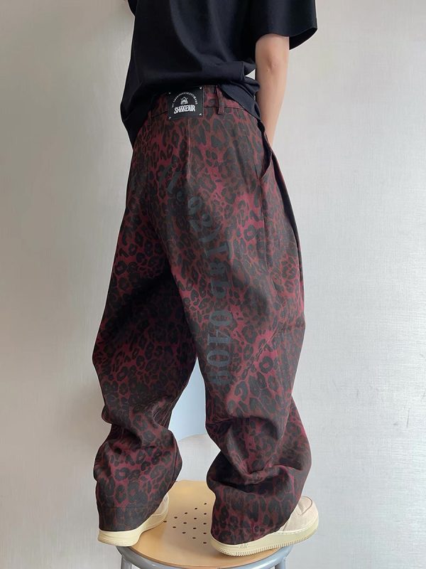 LBC001 Men's 3D Digital Burgundy Leopard All Over Printing Canvas Pants