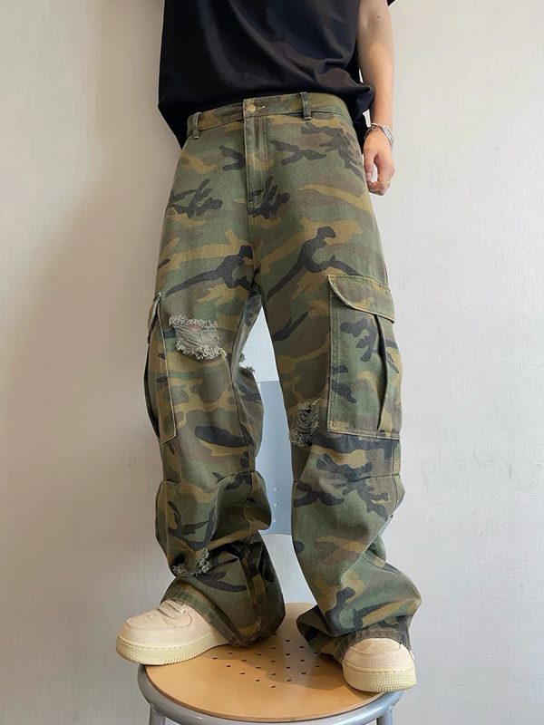 CAMO001 Men's Skate Camo Distressed Cargo Ripped Wide Leg Pants