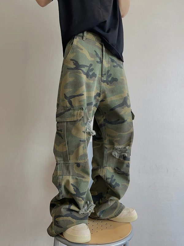 CAMO001 Men's Skate Camo Distressed Cargo Ripped Wide Leg Pants