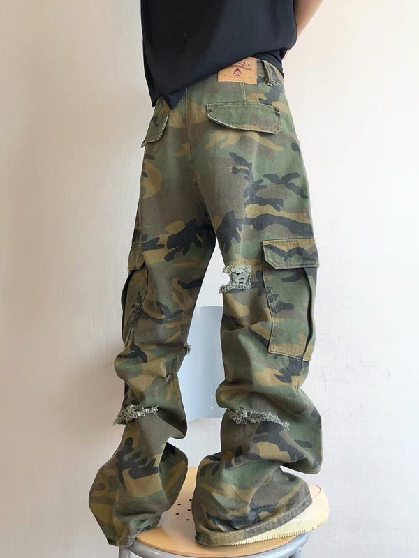 CAMO001 Men's Skate Camo Distressed Cargo Ripped Wide Leg Pants