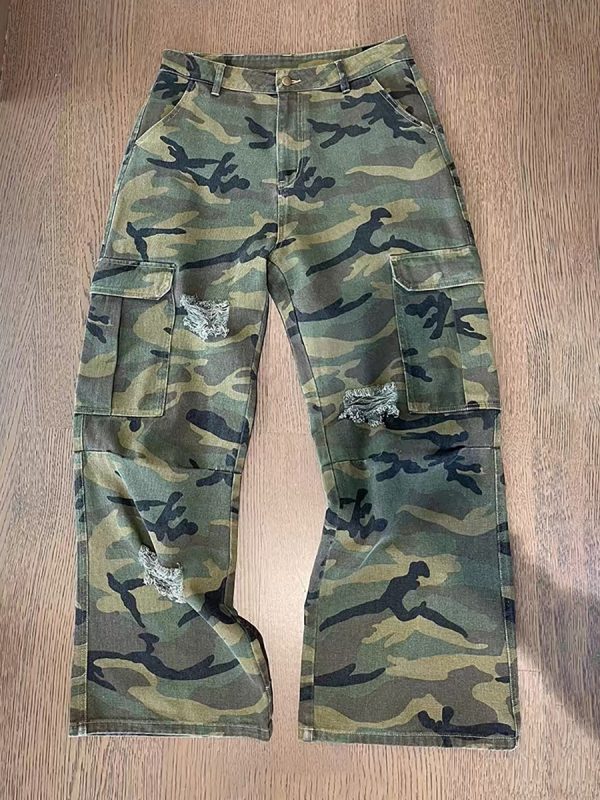 CAMO001 Men's Skate Camo Distressed Cargo Ripped Wide Leg Pants