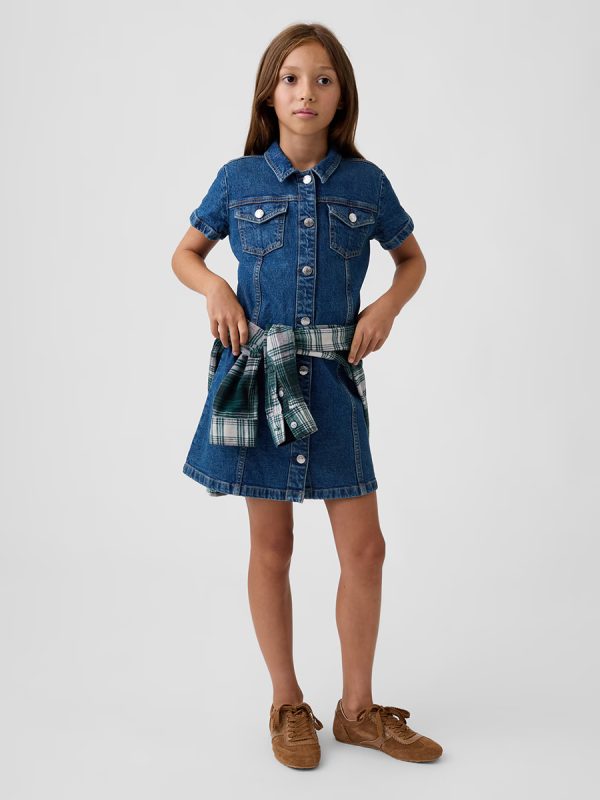 1788718269911618.jpg 10.5 OZ Big Girls Short Sleeve Western Casual Preppy Stretch Denim Shirt Dresses
