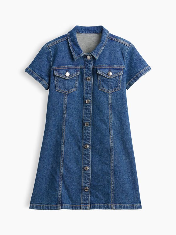1788718277222929.jpg 10.5 OZ Big Girls Short Sleeve Western Casual Preppy Stretch Denim Shirt Dresses