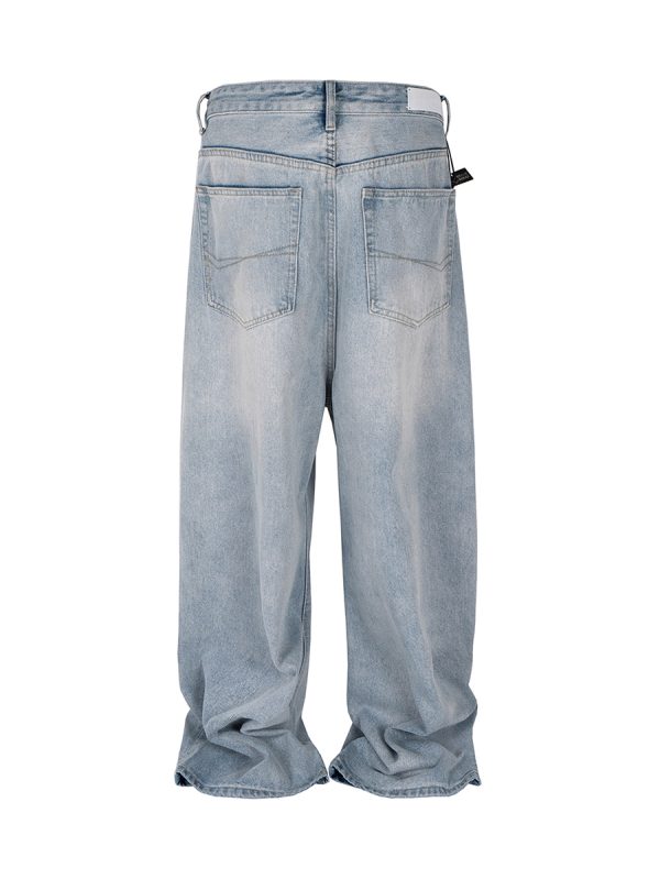 M-FJ013 Men's 13.2 OZ Light Stone Wash Vintage Blue Wide Leg Jeans