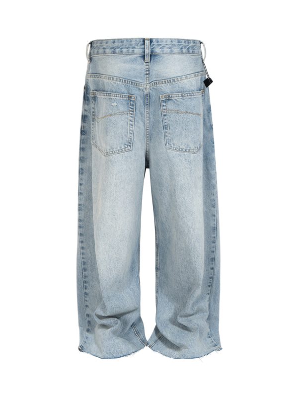 TJ176 Men's 14.5 OZ Rigid Baggy Straight Ripped Raw Hem Jeans