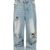 TJ175  Men's Ripped Webbing Metal Adjuster Buckle Wide Leg Jeans