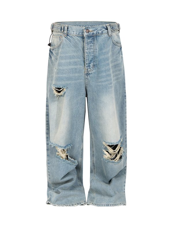 TJ175  Men's Ripped Webbing Metal Adjuster Buckle Wide Leg Jeans