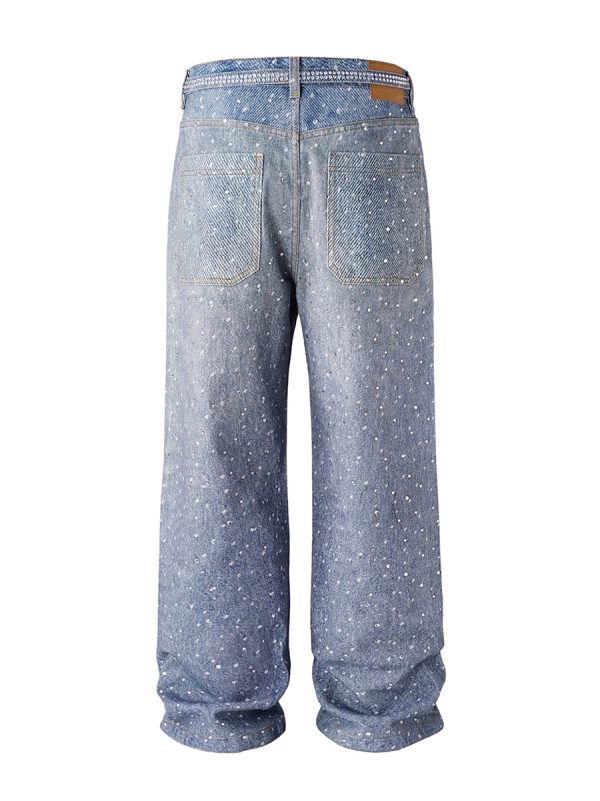 Q166 Men's 14.5 OZ 3D Digital Printing Rhinestone Loose Straight Jeans