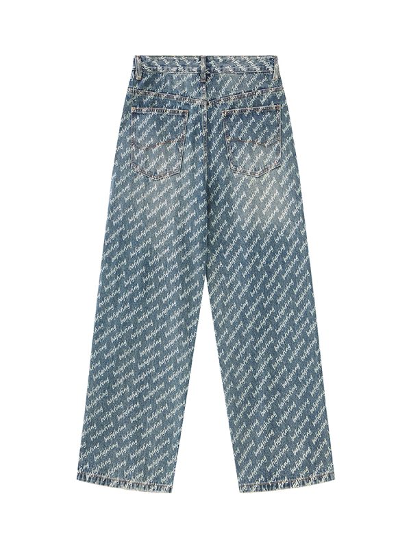 H3816 Men's 13.7 OZ All‑Over Printing Loose Straight Denim Jeans
