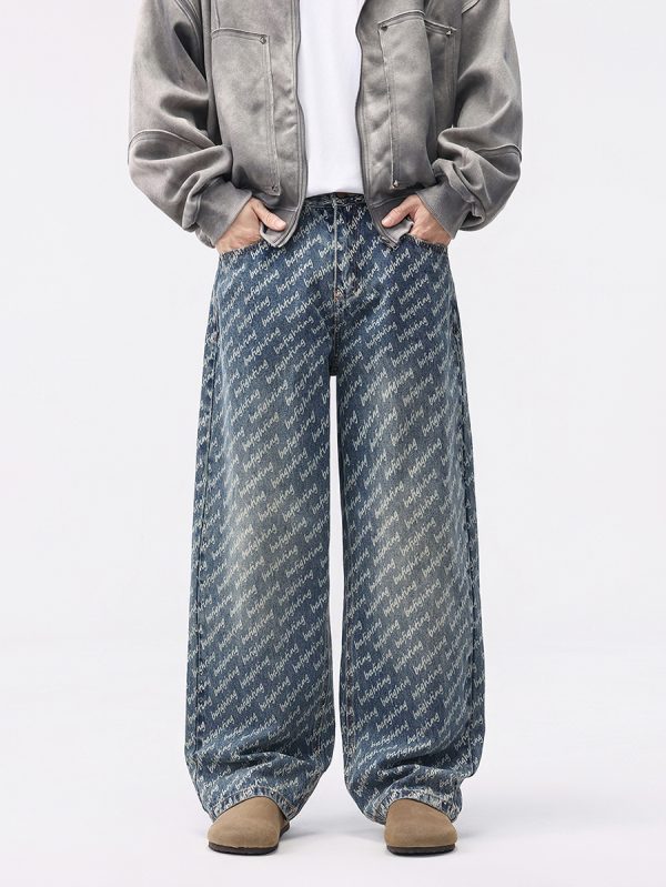 H3816 Men's 13.7 OZ All‑Over Printing Loose Straight Denim Jeans