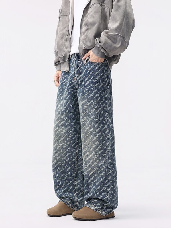 H3816 Men's 13.7 OZ All‑Over Printing Loose Straight Denim Jeans