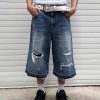 TJ177 Men's 12.5 OZ Baggy Loose Destroyed Ripped Raw Hem Capri Cropped Jeans