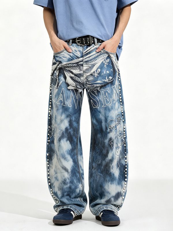 14032 Men's 14.2 OZ 3D Digital Printing Barrel Cut Curve-leg Jeans
